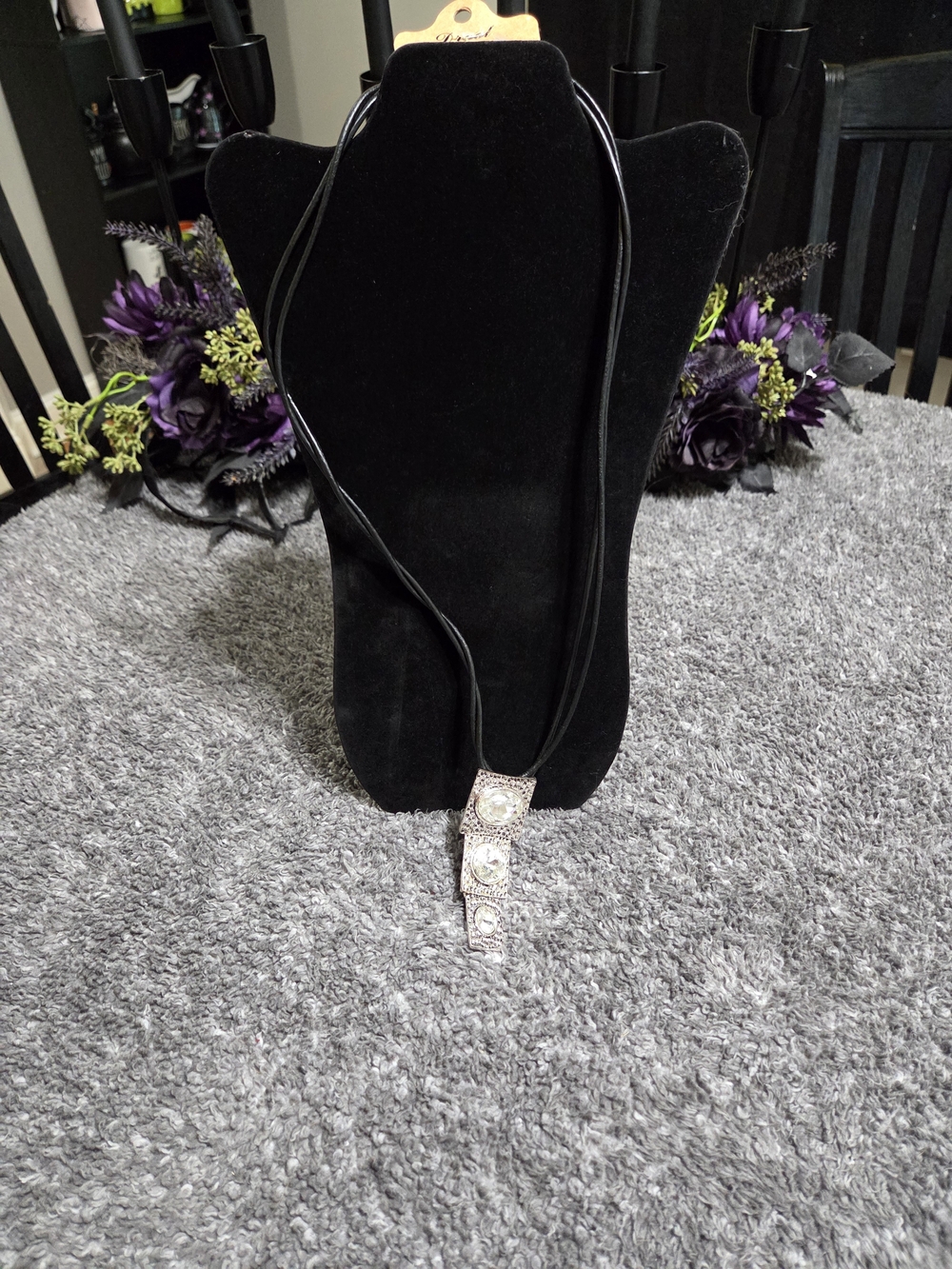 Elegant Black Cord Necklace with Silver Crystal Pendant